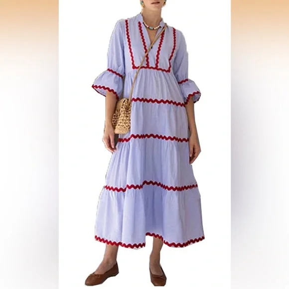 utcoco Summer Beach Boho Striped Flutter 3/4 Sleeve A Line Flowy Long Dress. - Picture 5 of 15